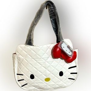 VTG LOUNGEFLY HELLO KITTY WHITE QUILTED SANRIO RED BOW TOTE BAG FLAWED 16”x 12”